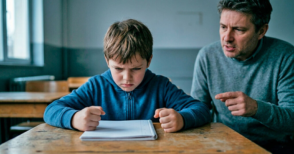 Educación sin gritos. Fotografía de estilo editorial que muestra a un niño frustrado sentado frente a un cuaderno en un salón de clases, con un adulto hablando seriamente en segundo plano desenfocado.